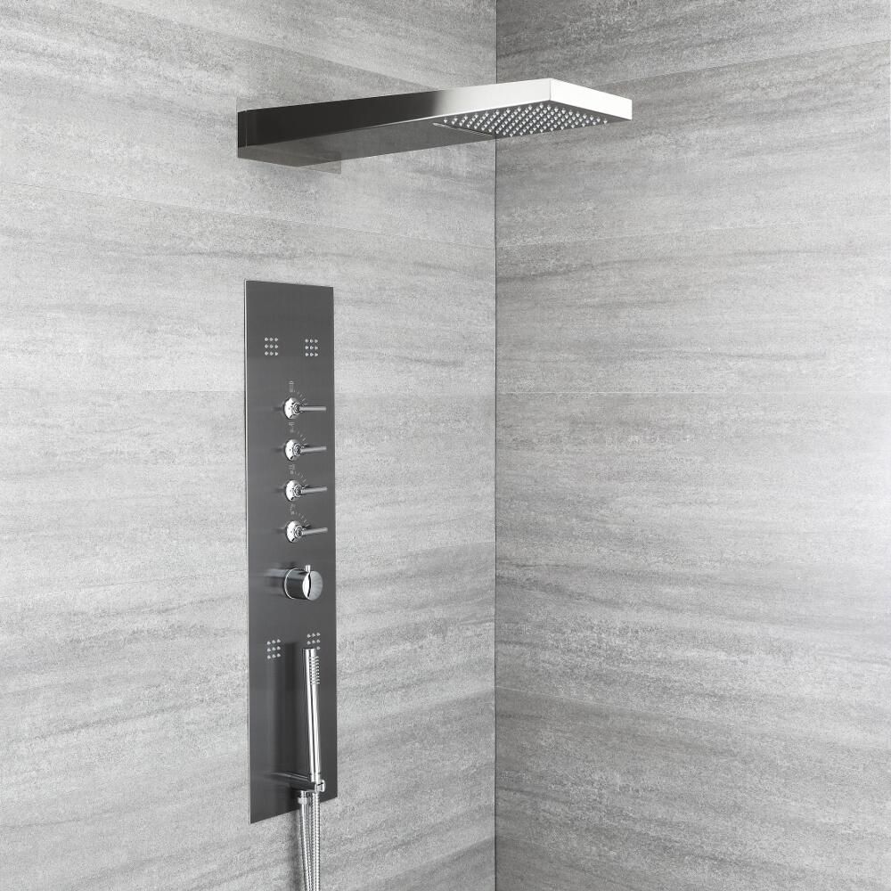 Duschpaneel mit Thermostat – mit Regen/Wasserfall-Duschkopf, Handbrause und Körperdüsen - Metallgrau – Océanie