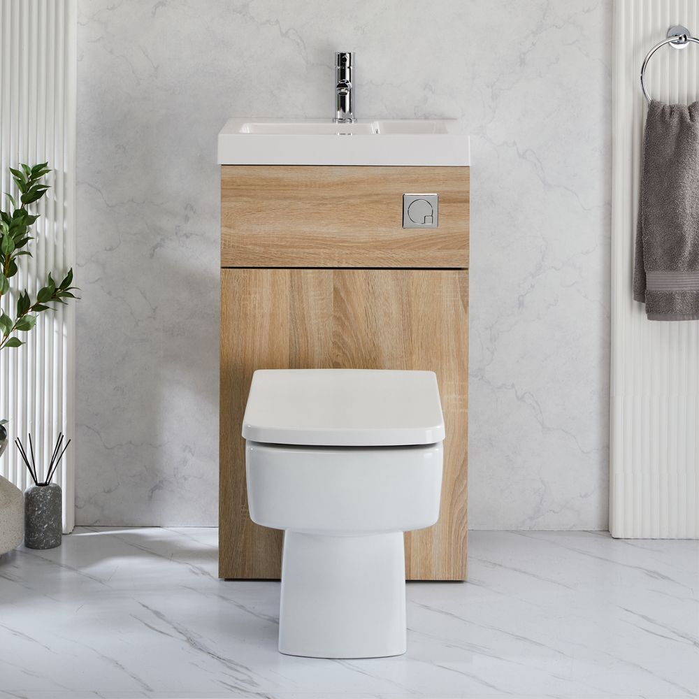 2-in-1 Stand-WC (eckig) mit Waschbecken und verkleidetem Spülkasten, 500mm x 890mm - Eichen-Optik - Cluo
