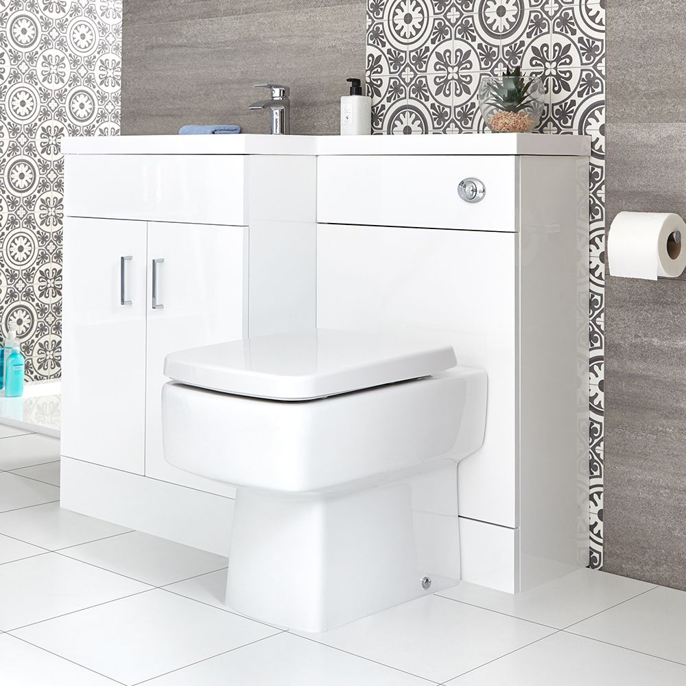  Waschtisch mit Unterschrank Kombi-Set mit Stand Toilette Weiß, Links - Cluo