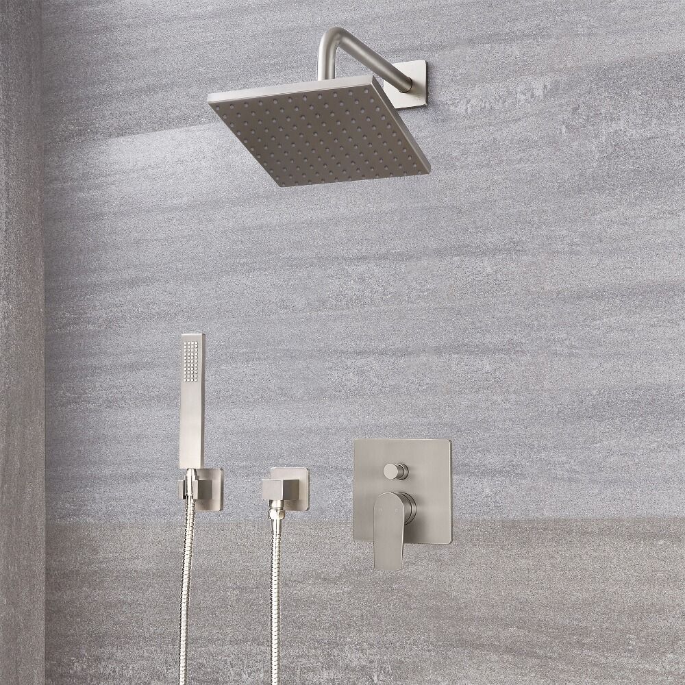 Harting Einhebel-Duscharmatur mit Umschalter, 200mm x 200mm quadratischer Kopf und Handbrause - Gebürstetes Nickel