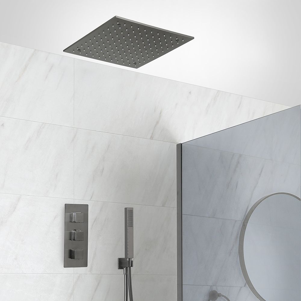 Duschsystem mit Unterputz-Thermostat - inkl. 400mm x 400mm Unterputz-Duschkopf und Handbrauseset - Metallgrau - Orno