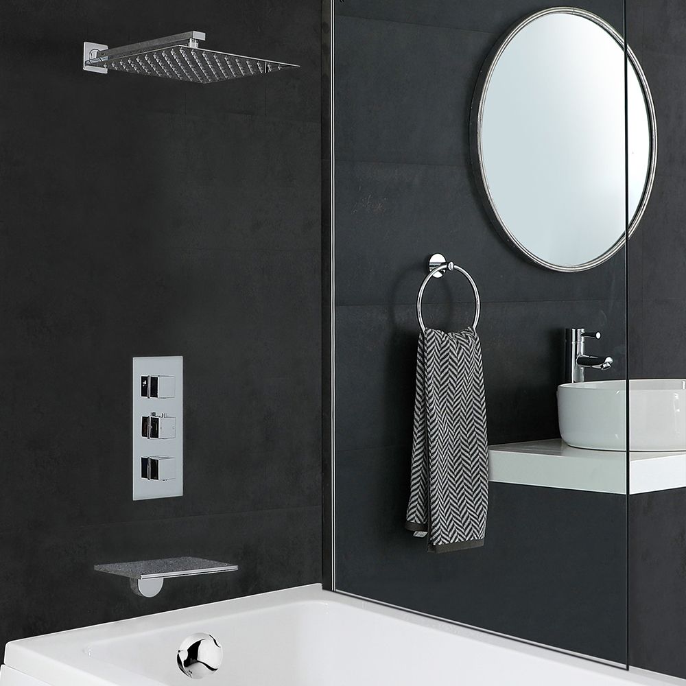 Dusch- und Badesystem mit Thermostat - mit 300mm x 300mm Duschkopf und Wasserfall-Wanneneinlauf - Chrom - Kubix