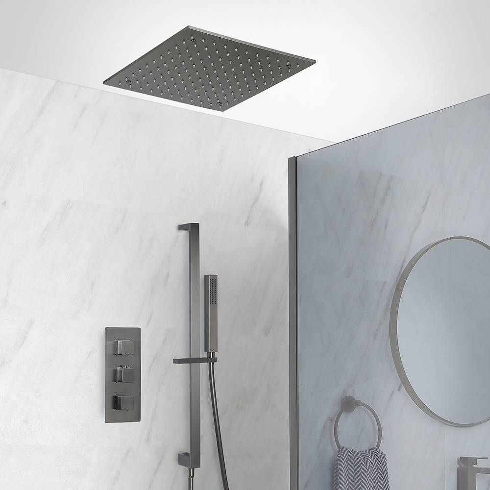 Duschsystem mit Unterputz-Thermostat - inkl. 400mm x 400mm Unterputz-Duschkopf und Brausestangenset - Metallgrau - Orno