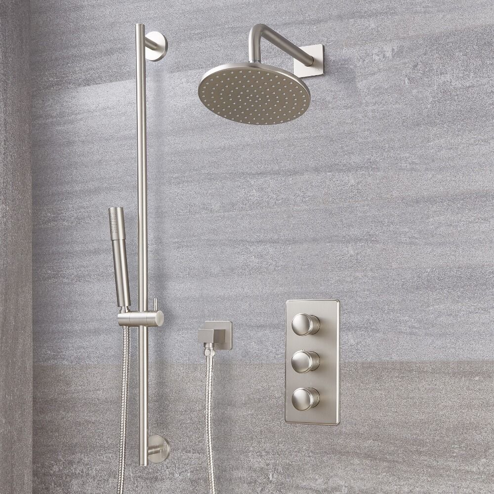 Unterputz-Duschsystem mit Thermostat – mit rundem 188mm Wand-Duschkopf und Brausestangenset - gebürstetes Nickel - Aldwick