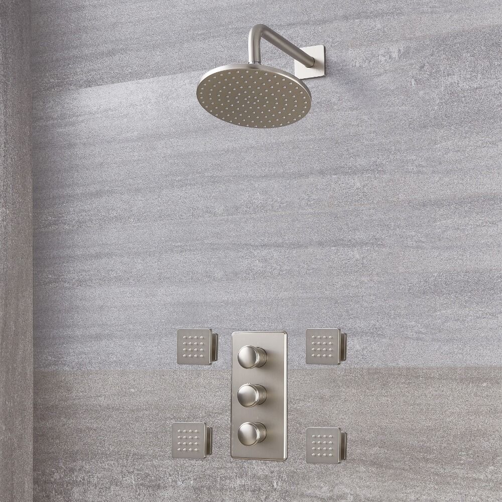 Unterputz-Duschsystem mit Thermostat – mit rundem 188mm Wand-Duschkopf und Körperdüsen - gebürstetes Nickel - Aldwick