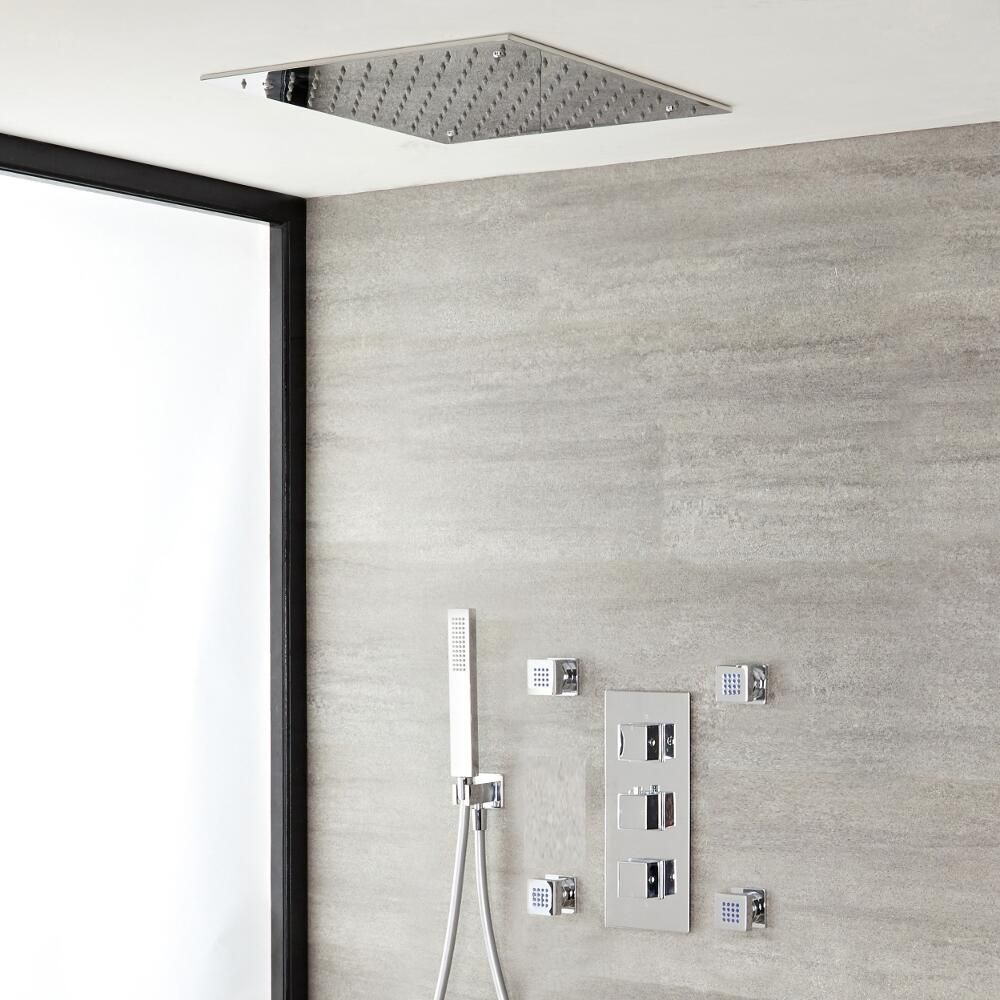 Duschsystem mit Thermostat und Umsteller – mit 400mm x 400mm Unterputz-Duschkopf, Handbrauseset und Körperdüsen - Chrom – Kubix