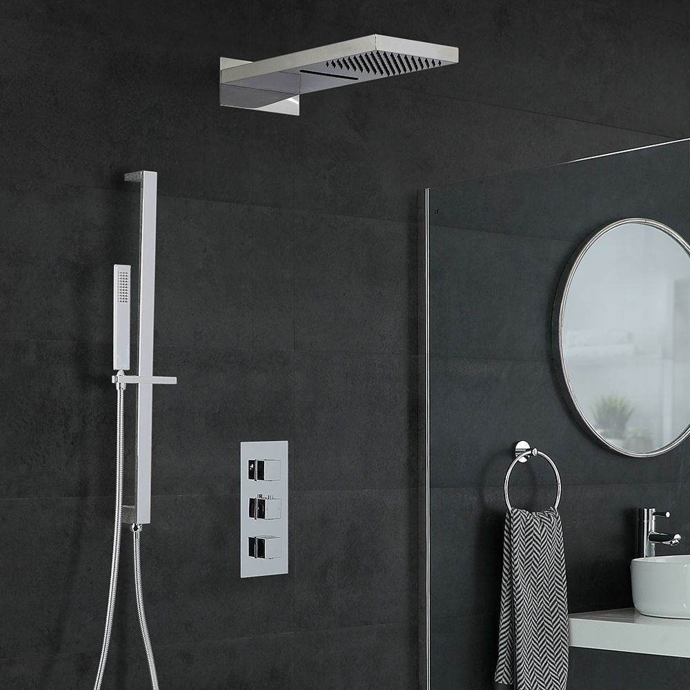 Eckiges Dusch-Thermostat mit Umsteller, Wasserfall-Duschkopf und Brausestangenset, Chrom - Kubix