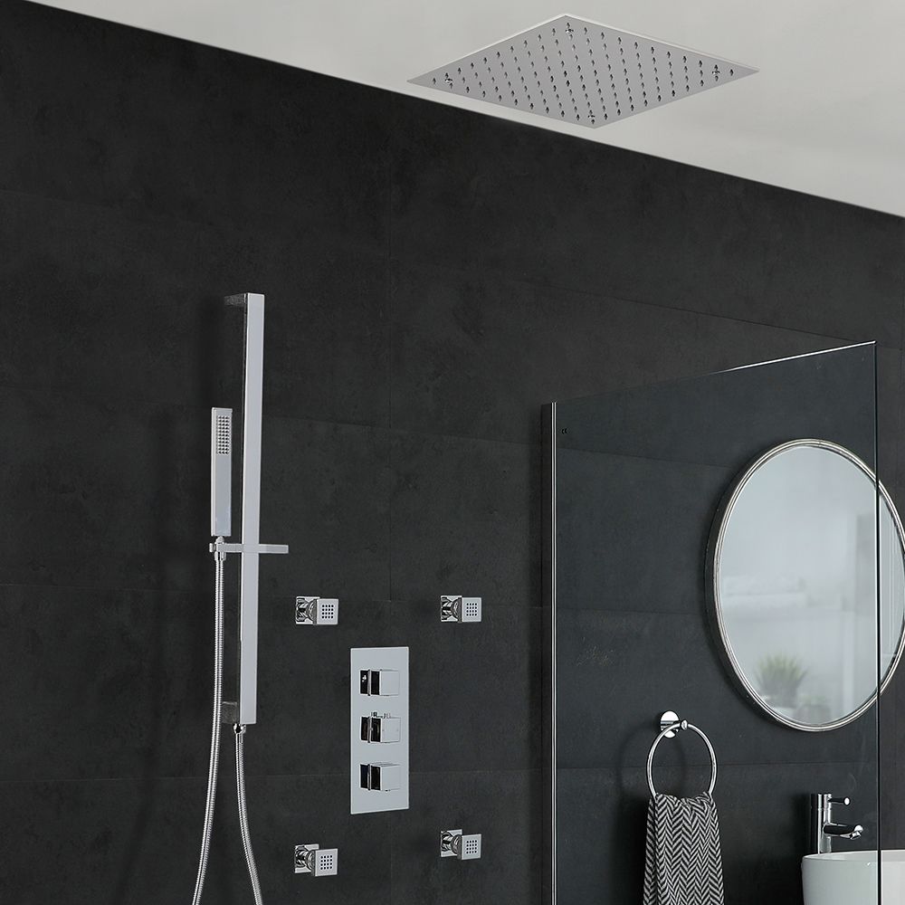 Eckiges Dusch-Thermostat mit Umsteller, 400x400mm Decken-Duschkopf, Brausestangenset und Massagedüsen, Chrom - Kubix
