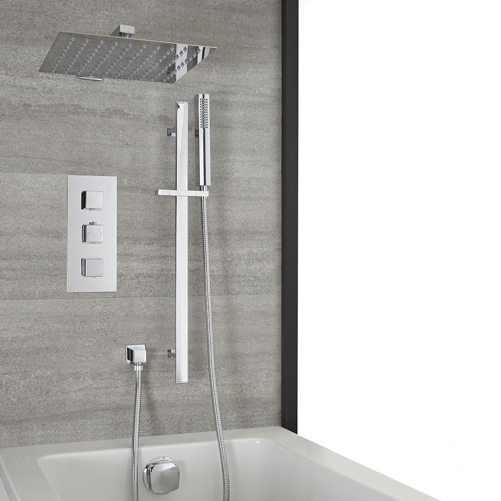 Duschsystem mit Thermostat – mit Überlauf-Wanneneinlauf, 300mm x 300mm Wand-Duschkopf und Brausestangenset – Chrom – Kubix