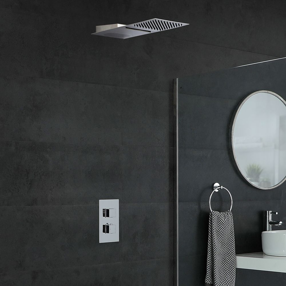 Eckiges Dusch-Thermostat mit Umsteller und Wasserfall-Regen-Duschkopf, Chrom - Kubix