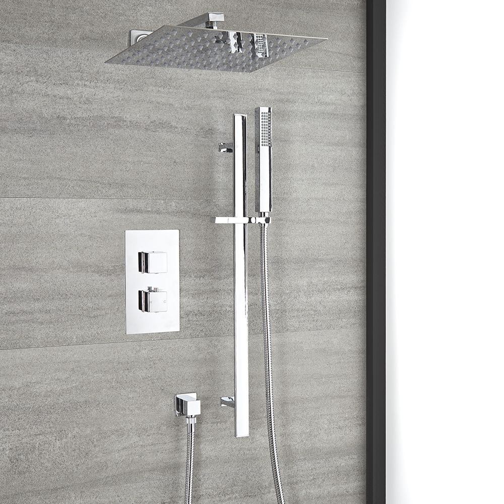 Duschsystem mit Thermostat – mit 300mm x 300mm Wand-Duschkopf und Brausestangenset – Chrom – Kubix