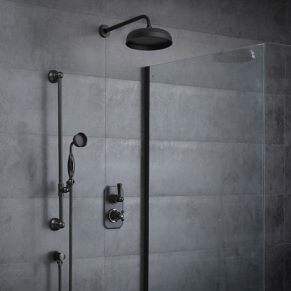 Retro-Duschsystem mit Unterputz-Thermostat – inkl. 200mm rundem Wand-Duschkopf und Brausestangenset – Schwarz – Elizabeth