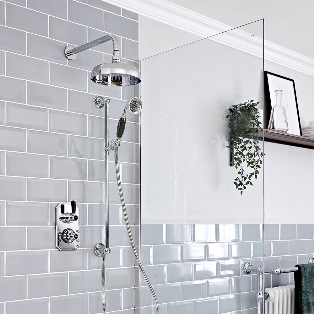 Retro Unterputz-Duschsystem mit Thermostat - inkl. 200mm Wand-Duschkopf und Brausestangenset - Chrom/Schwarz - Elizabeth