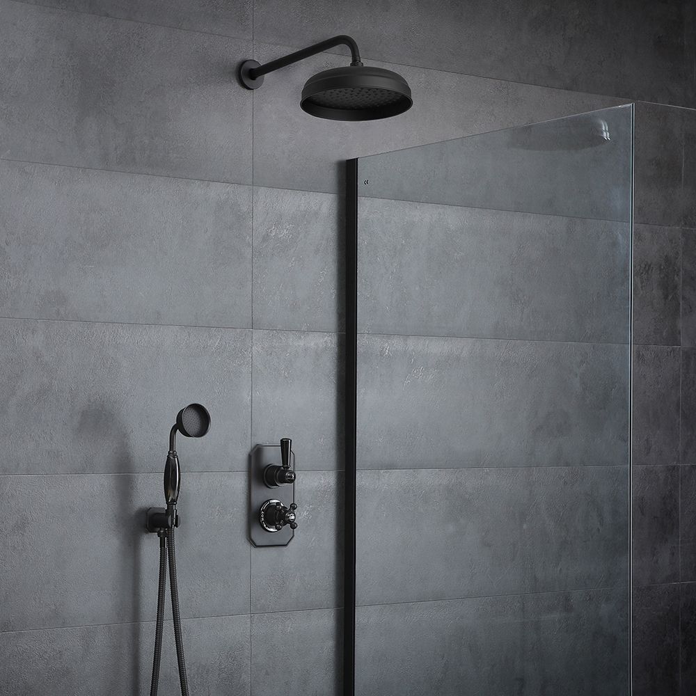 Retro-Duschsystem mit Unterputz-Thermostat – inkl. 200mm rundem Wand-Duschkopf und Handbrauseset – Schwarz – Elizabeth