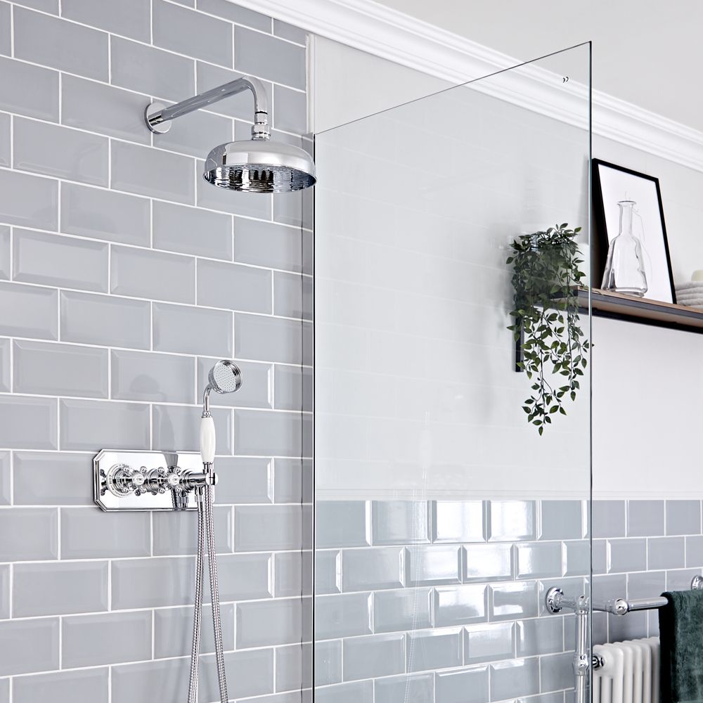 Retro Unterputz-Duschsystem mit Thermostat - inkl. 200mm Wand-Duschkopf und Handbrauseset - Chrom/Weiß - Elizabeth