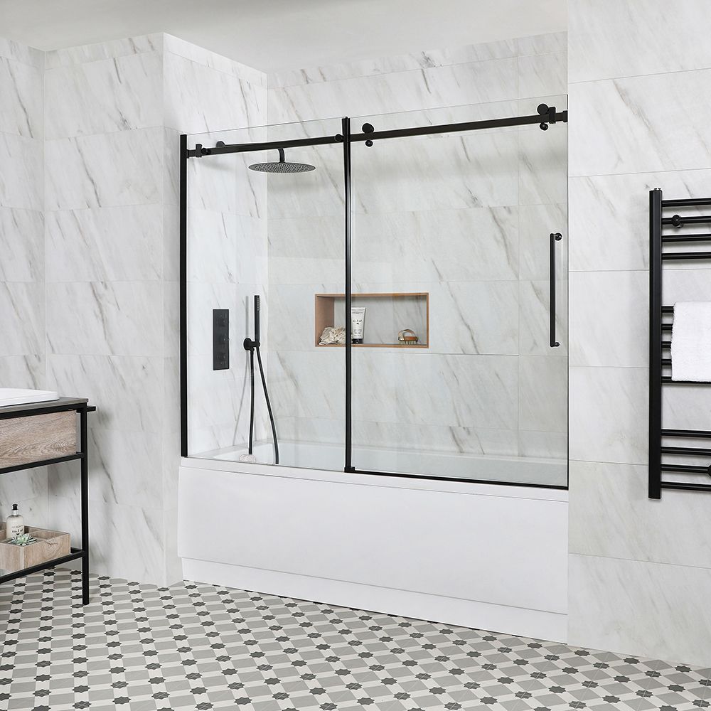 Dusch-Badewanne für Nische – inkl. Badewannenaufsatz mit Schiebetür und Schürze – Größe wählbar – Schwarz – Exton