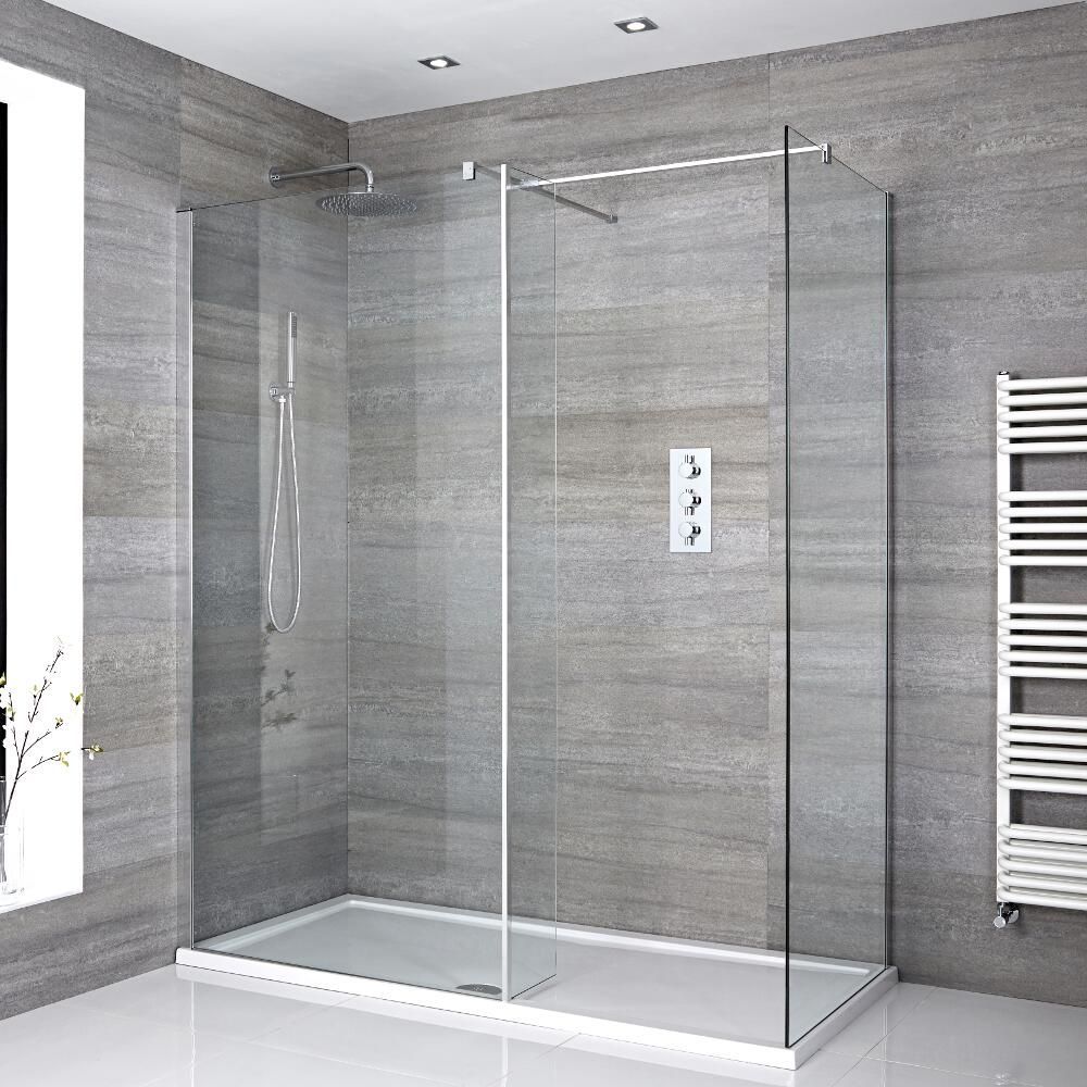 Walk-In Dusche, Chrom, für Eckeinbau - inkl. weißer Duschwanne – Größe und Seitenpaneel wählbar – Portland