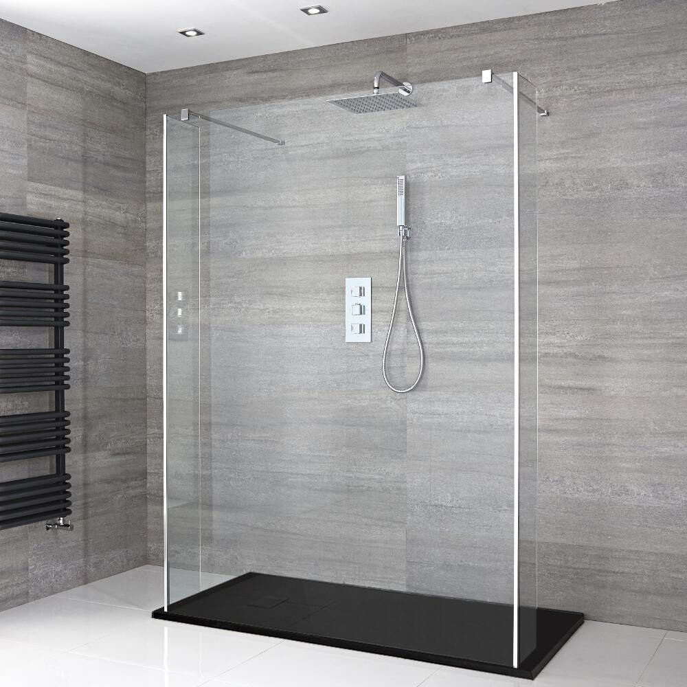 Walk-In Dusche, Chrom, freistehend - inkl. Duschwanne mit Schiefer-Effekt (Finish wählbar) – Größe und Seitenpaneel wählbar – Portland