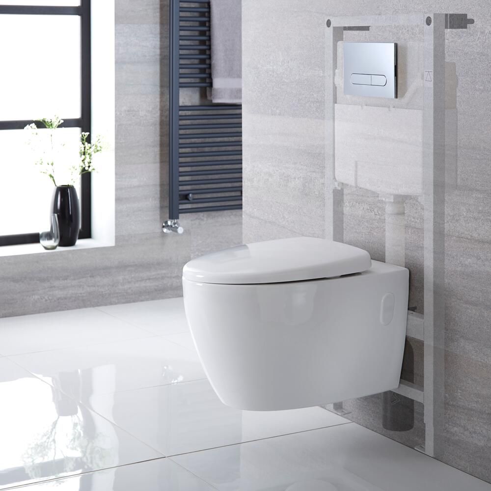 Hänge-WC Weiß ohne Spülrand inkl. hohem Wandrahmen, Wählbare Betätigungsplatte - Kenton