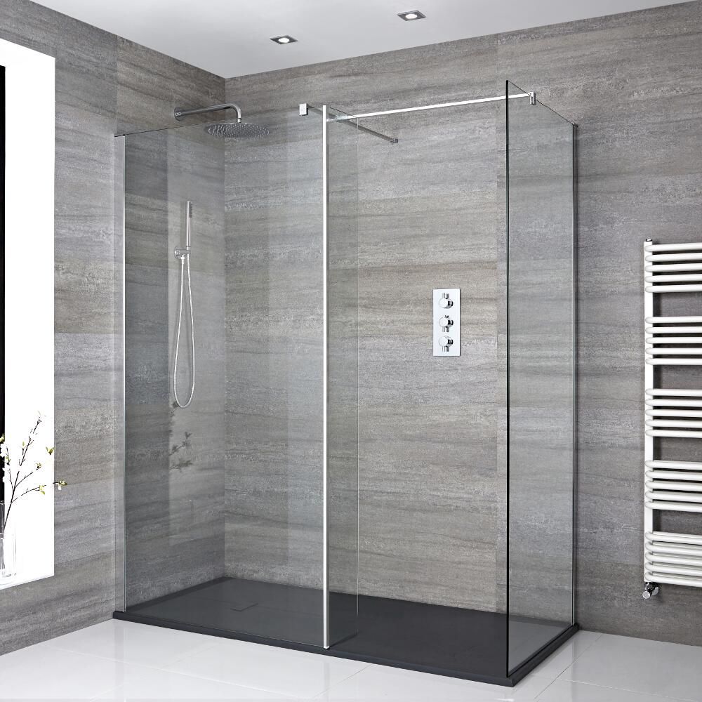 Walk-In Dusche mit Seitenpaneel, Chrom, für Eckeinbau – inkl. Duschwanne mit Schiefer-Effekt (Finish wählbar) – Größe wählbar – Portland