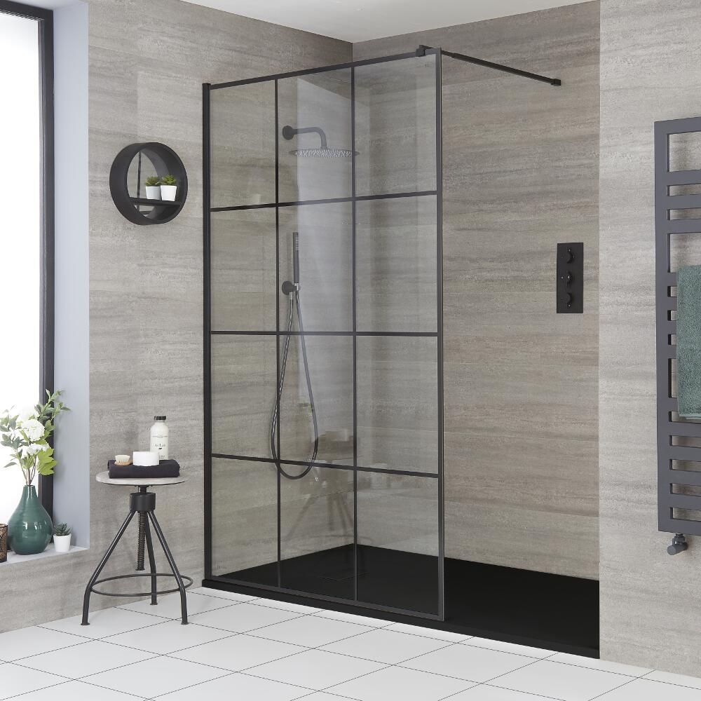 Walk-In Duschwand mit Gittermuster, für Nische - inkl. Duschwanne mit Schiefer-Effekt (Finish wählbar) – wählbare Größen – Barq