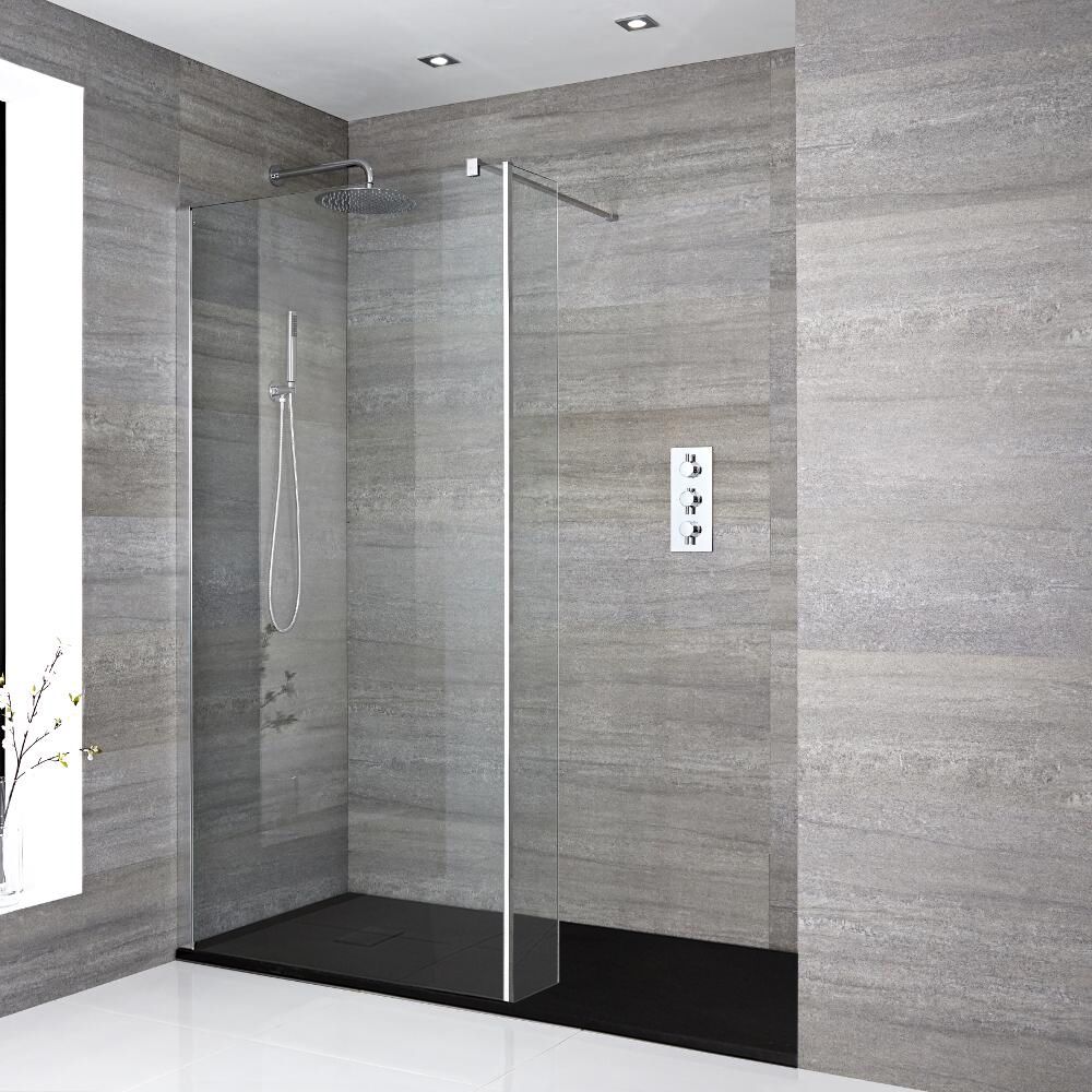 Walk-In Dusche mit Seitenpaneel, Chrom, für Nische – inkl. Duschwanne mit Schiefer-Effekt (Finish wählbar) – Größe wählbar – Portland