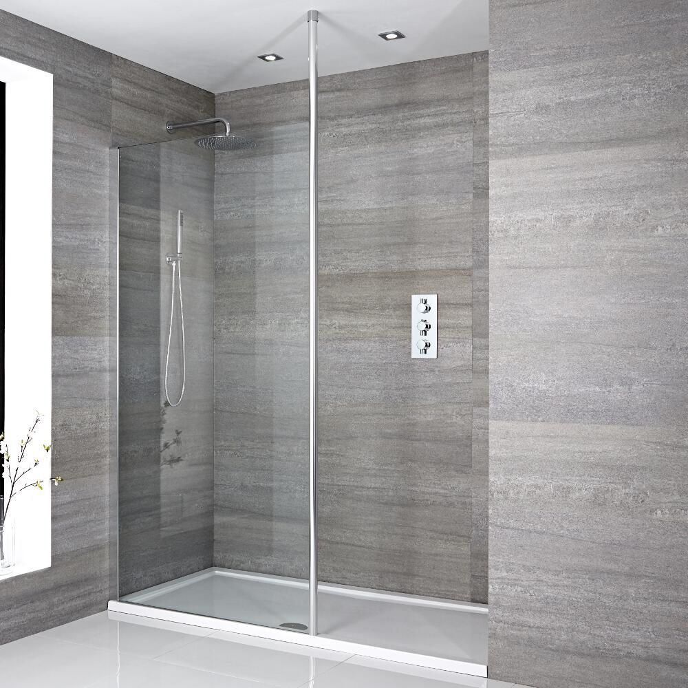 Walk-In Duschwand, Chrom, für Nische - inkl. weißer Duschwanne mit niedrigem Profil – wählbare Größe – Sera