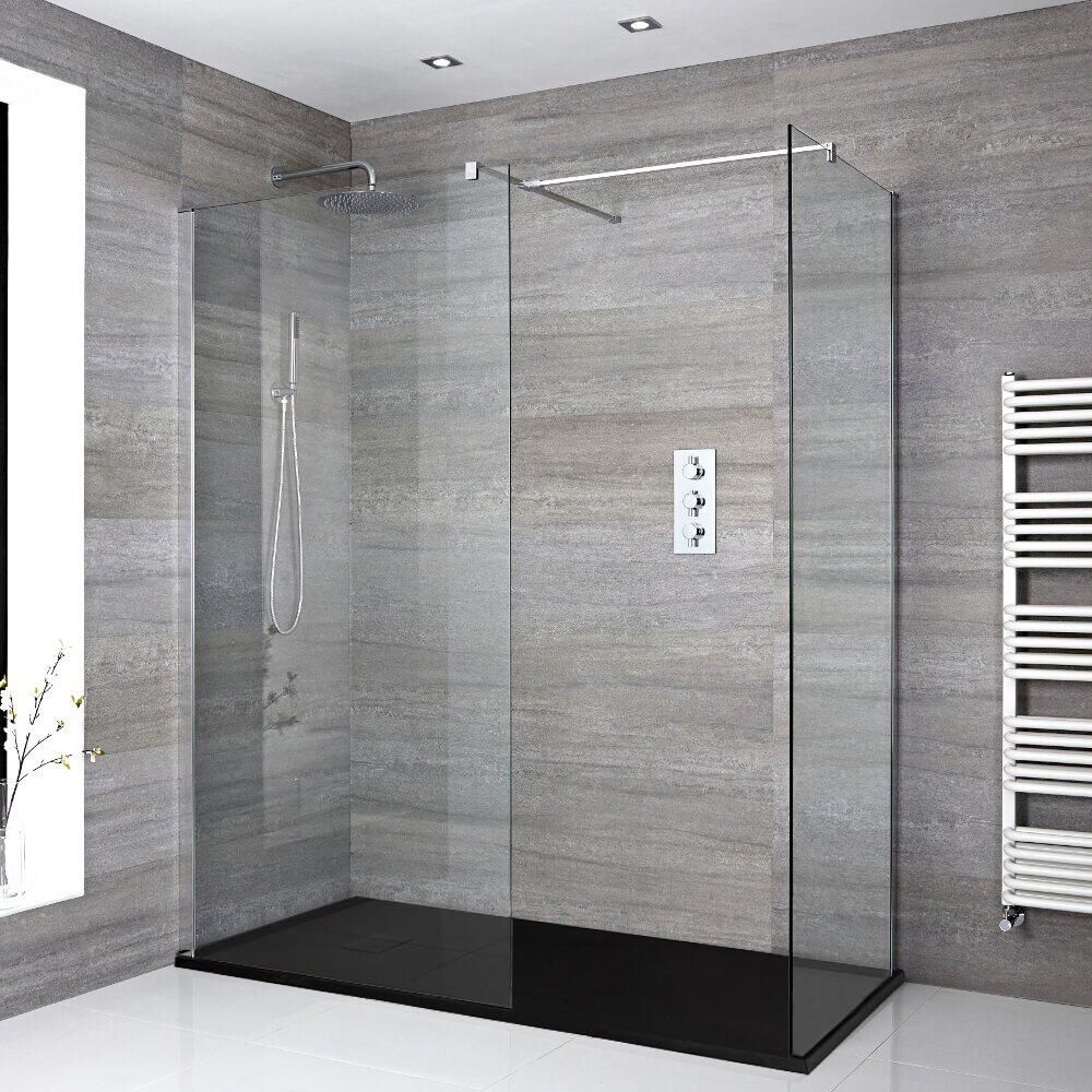 Walk-In Dusche, Chrom, für Eckeinbau – inkl. Duschwanne mit Schiefer-Effekt (Finish wählbar) – Größe wählbar – Portland
