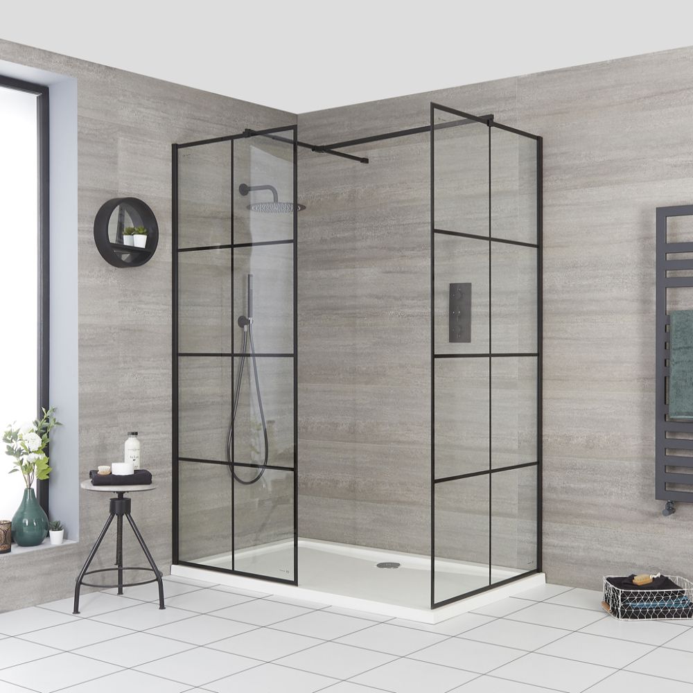 Walk-In Dusche mit Gittermuster, für Eckeinbau - inkl. Duschwanne mit niedrigem Profil – wählbare Größe – Barq