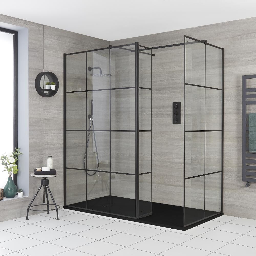 Walk-In Dusche mit Gittermuster und Seitenpaneel, für Eckeinbau - inkl. Duschwanne mit Schiefer-Effekt (Finish wählbar) – wählbare Größen – Barq