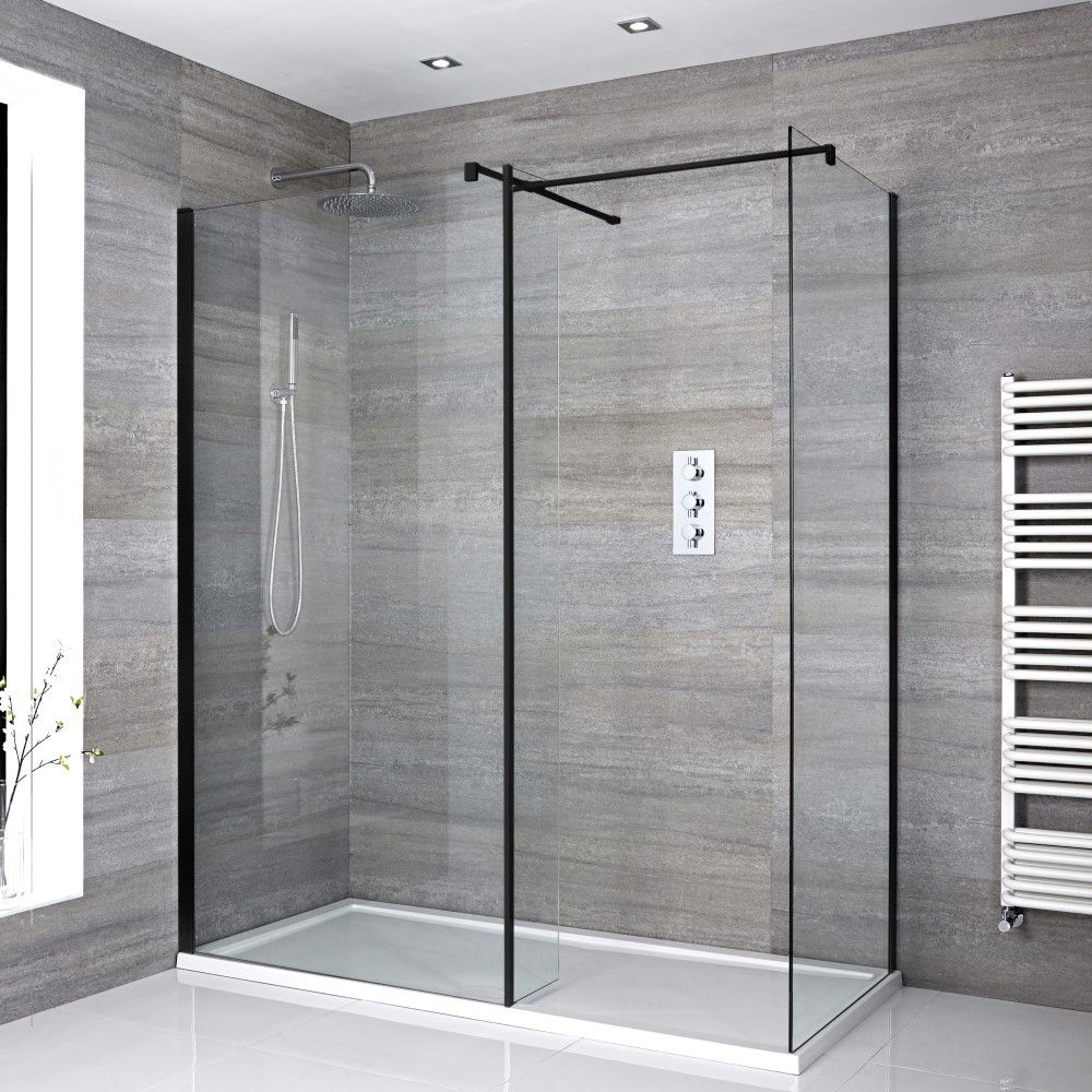 Walk-In Dusche mit Seitenpaneel, Schwarz, für Eckeinbau – inkl. weißer Duschwanne – Größe wählbar – Nox