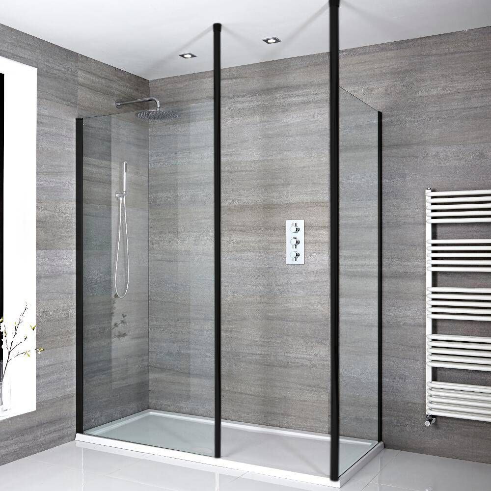 Walk-In Dusche, Schwarz, für Eckeinbau - inkl. weißer Duschwanne mit niedrigem Profil – wählbare Größe - Nox
