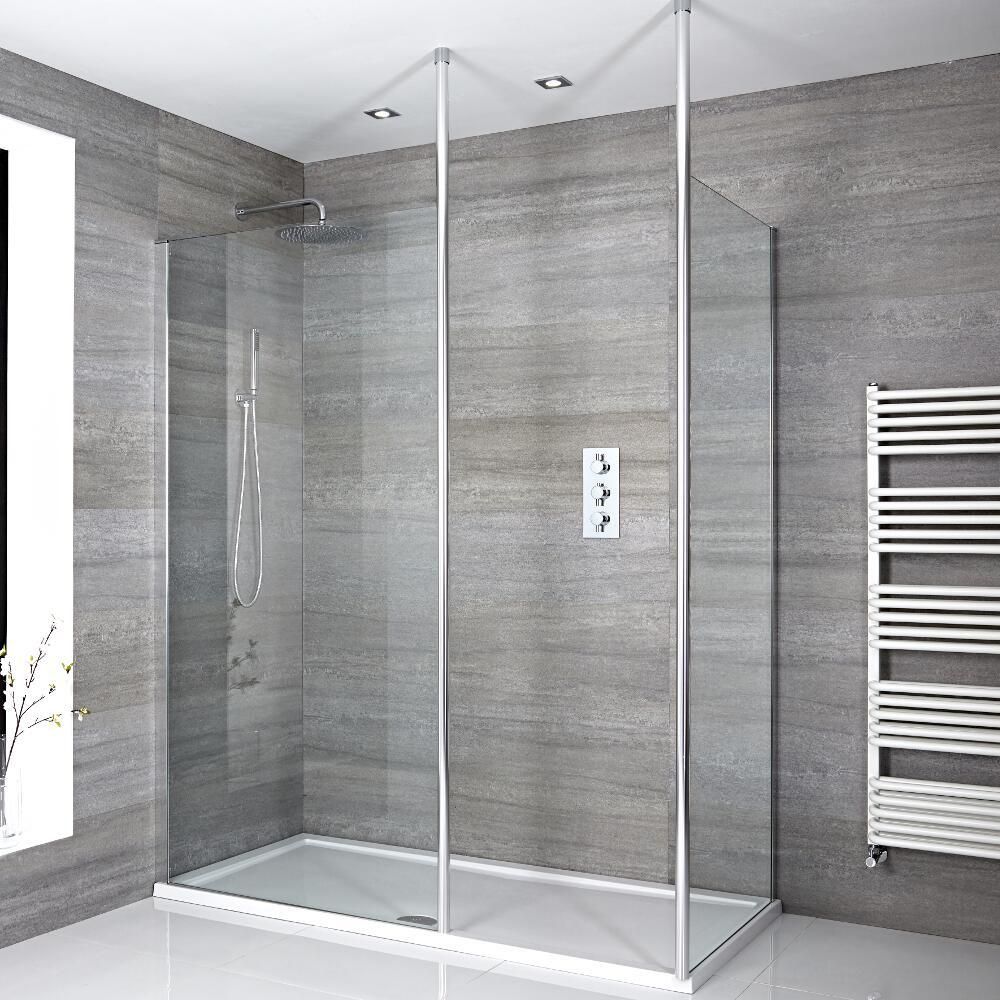 Walk-In Dusche, Chrom, für Eckeinbau - inkl. weißer Duschwanne mit niedrigem Profil – wählbare Größe - Sera