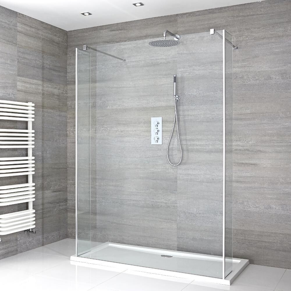 Walk-In Dusche mit Seitenpaneelen, Chrom, freistehend – inkl. weißer Duschwanne – Größe wählbar – Portland