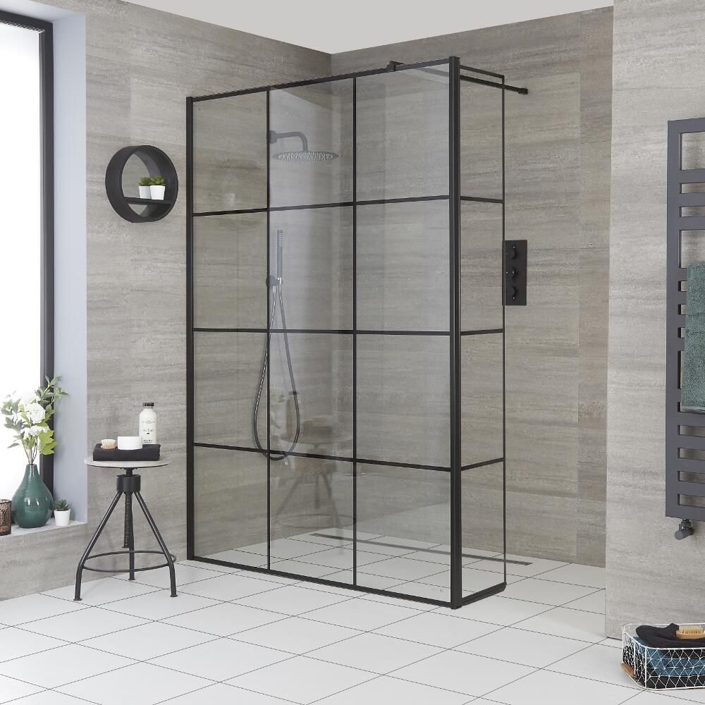 Walk-In Duschwand mit Gittermuster und Seitenpaneel, für Nische – Breite und Duschrinne wählbar – Barq