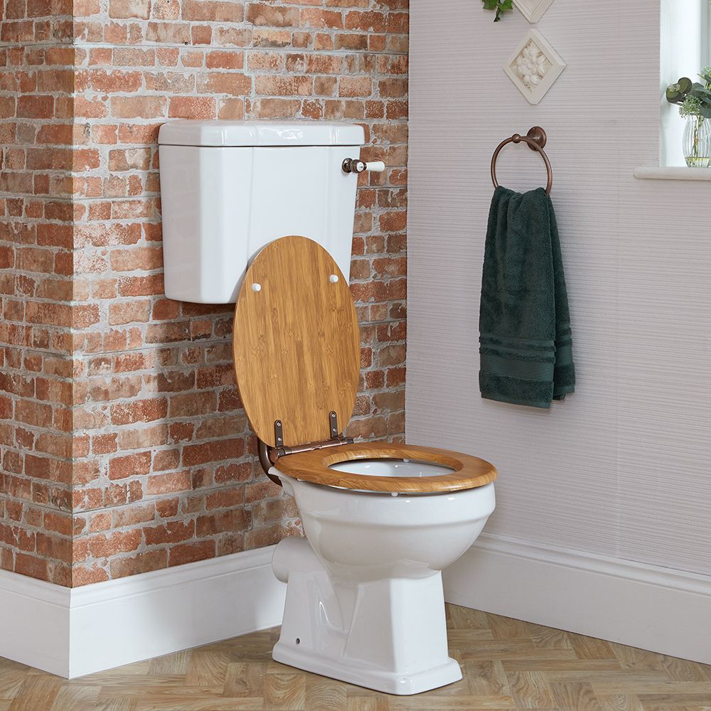 Traditionelles WC mit erhöhtem Spülkasten Bronze Geölte Spülrohrs der – des Spülhebels Richmond Scharniere, Farbe und Holzsitz, des inklusive