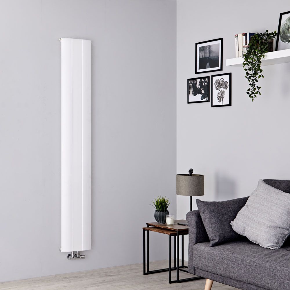 Design Heizkörper Vertikal Einlagig Mittelanschluss - Aluminium Matt-Weiß 1600mm x 280mm 736W - Aurora