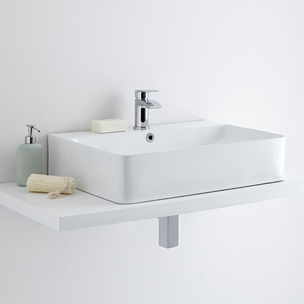 Aufsatzwaschbecken, rechteckig – 600mm x 420mm, mit 1 Hahnloch – Exton