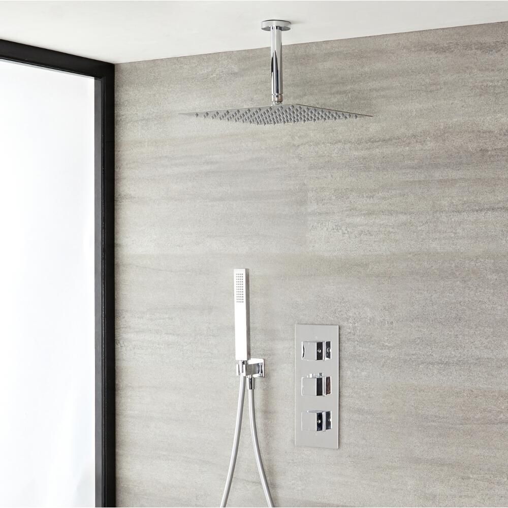 Duschsystem mit Thermostat – mit 300mm x 300mm Duschkopf und Handbrauseset - Chrom – Kubix