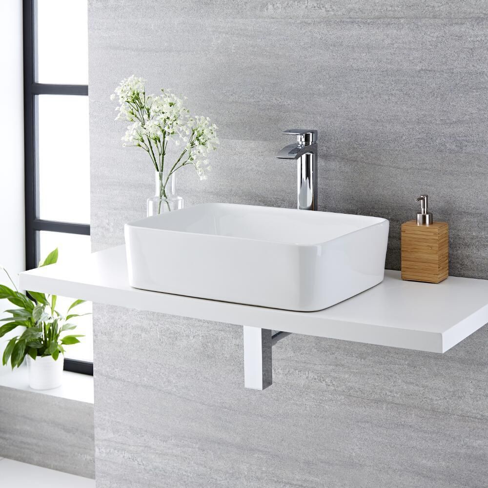 Aufsatzwaschbecken, rechteckig, 480mm x 370mm - mit hohem Wasserfall-Einhebelmischer - Alswear