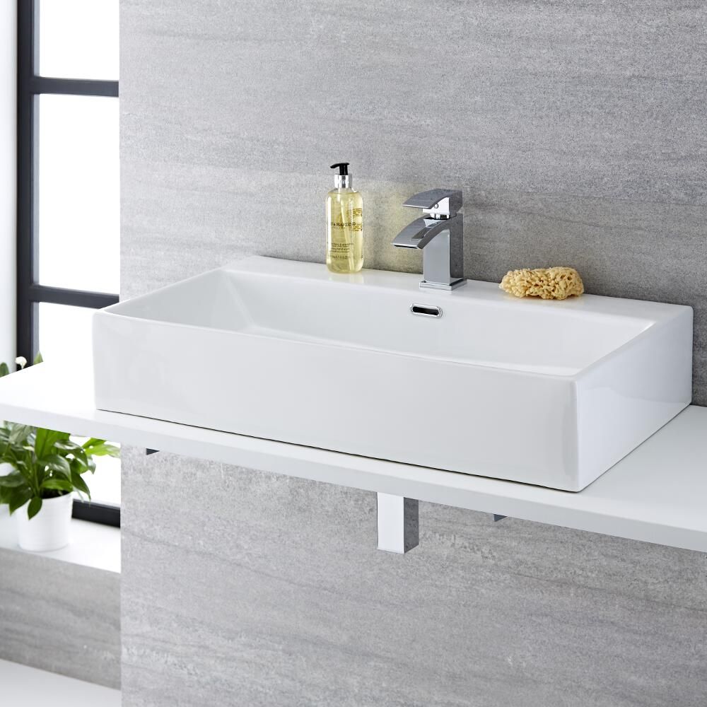 Aufsatzwaschbecken, rechteckig – 750mm x 420mm, mit 1 Hahnloch – Sandford