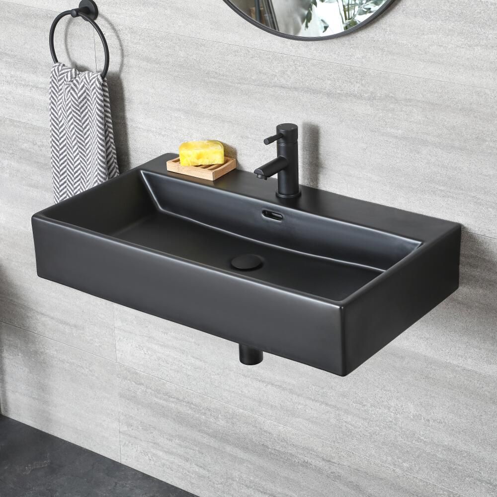 Hängewaschbecken, 750mm x 420mm, Eckig, Schwarz - Nox