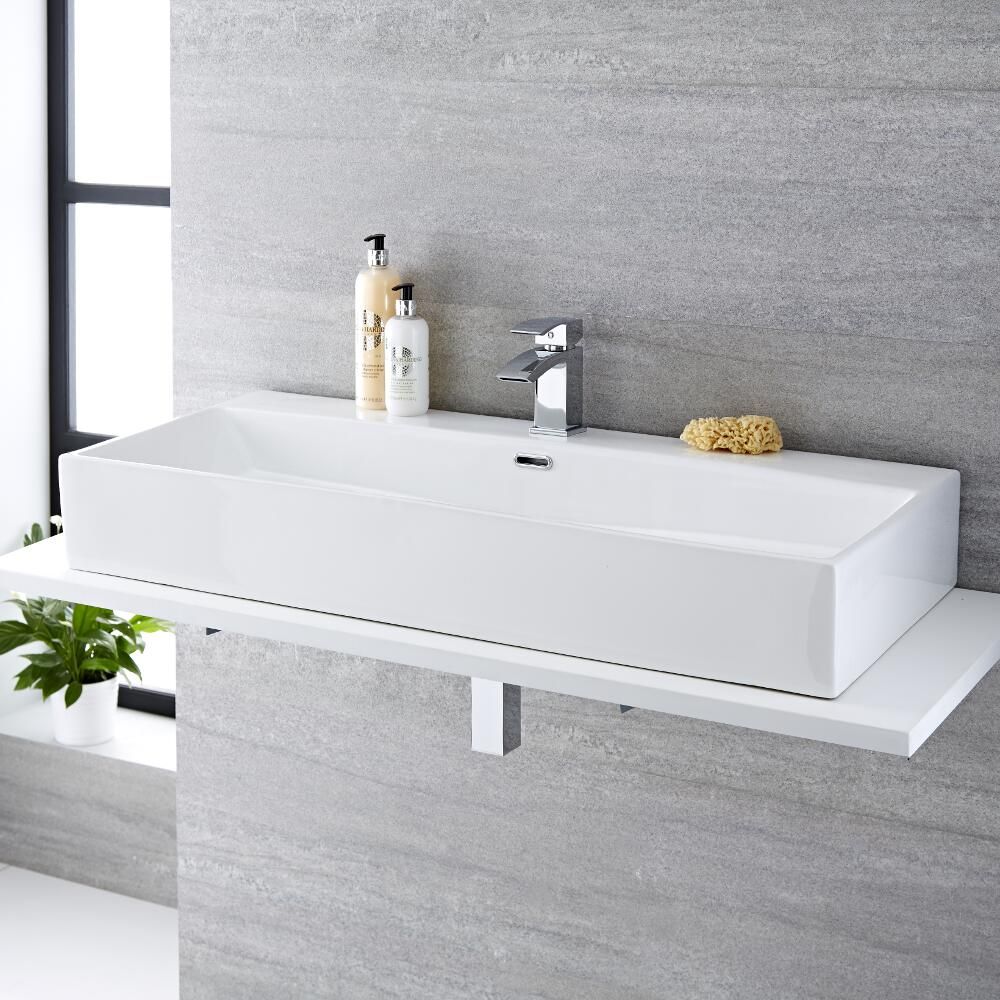 Aufsatzwaschbecken, rechteckig – 1000mm x 420mm, mit 1 Hahnloch – Sandford
