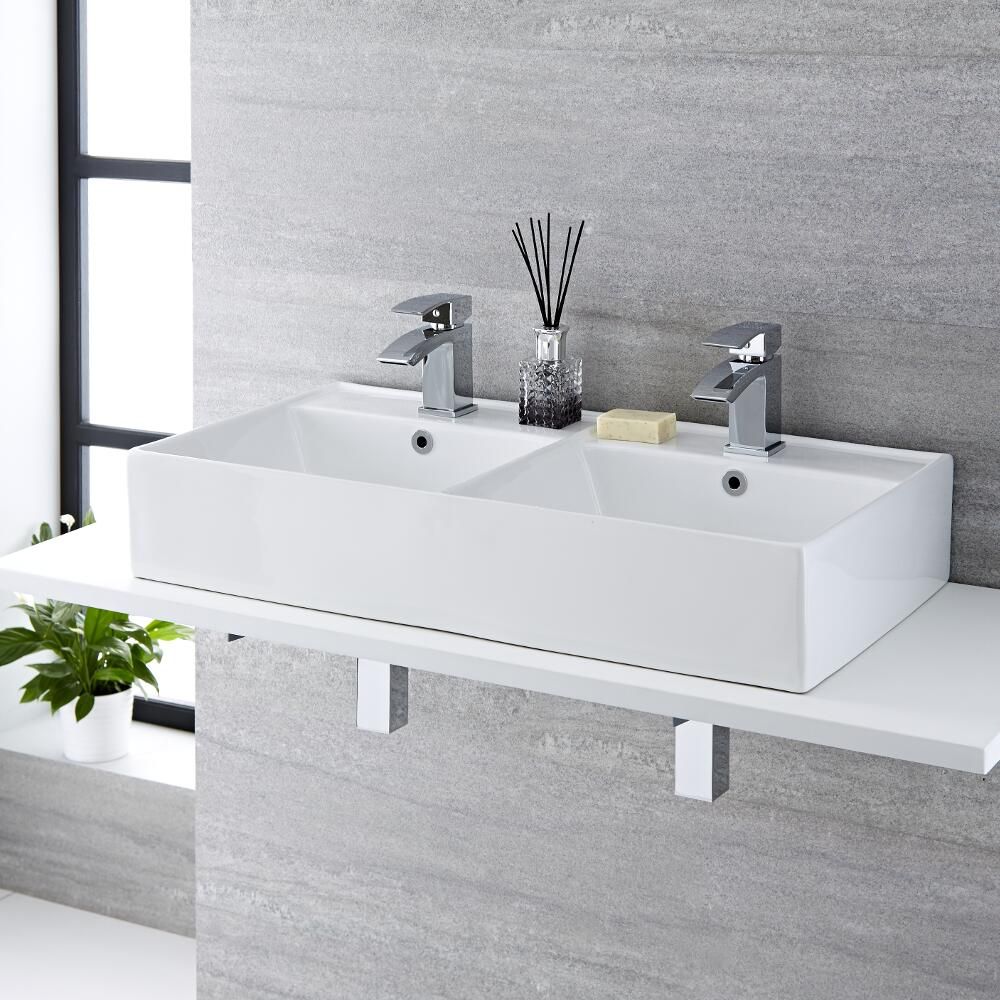 Doppel-Aufsatzwaschbecken, rechteckig – 820mm x 420mm, mit 2 Hahnlöchern – Halwell