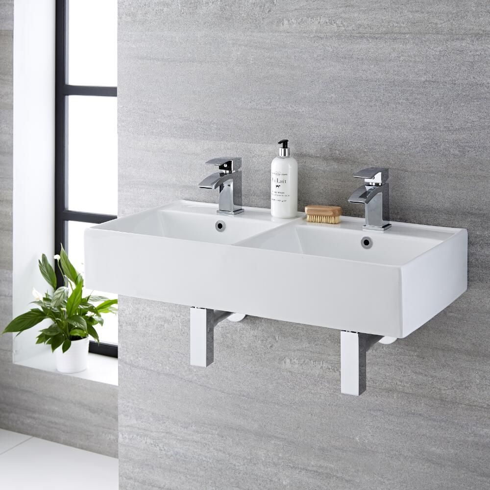 Doppel-Hängewaschbecken, rechteckig – 820mm x 420mm, mit 2 Hahnlöchern – Halwell