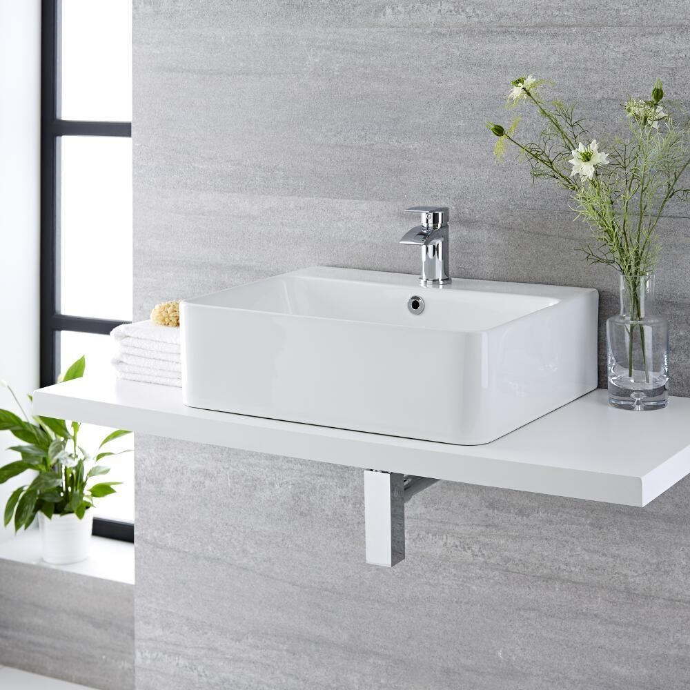 Aufsatzwaschbecken, rechteckig, 520mm x 420mm - mit Wasserfall-Einhebelmischer - Exton