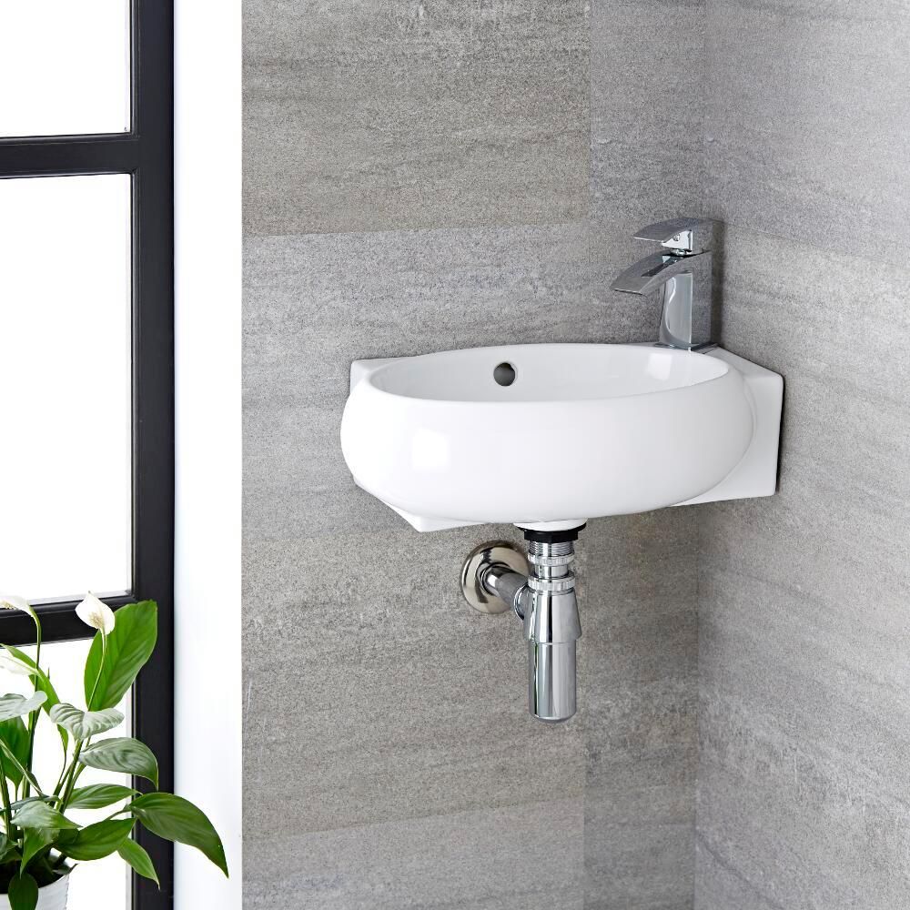 Hängewaschbecken, oval, Eckeinbau – 400mm x 280mm, mit 1 Hahnloch – Ashbury