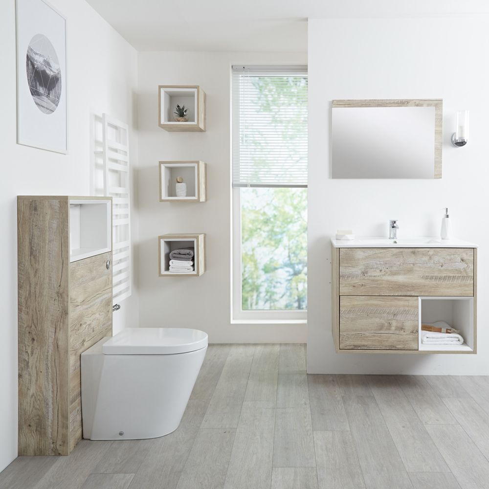 Modernes Badezimmerset – 800mm Waschtischunterschrank, WC mit Spülkastenverkleidung, Regalboxen & Spiegel - Helle Eiche - Hoxton
