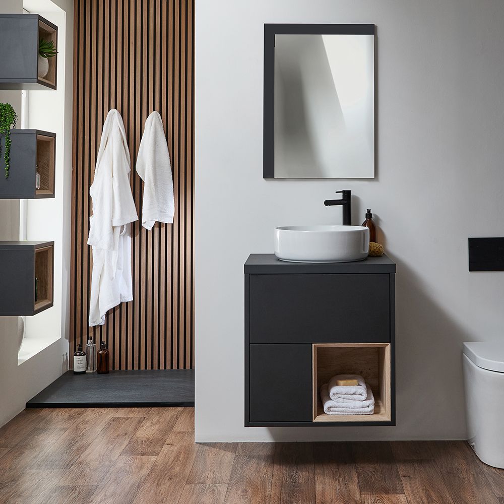 Hängender Waschtischunterschrank 600mm | Aufsatzwaschbecken, Farbe & LED wählbar – Hoxton