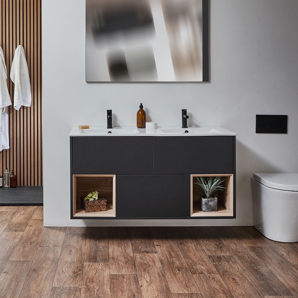 Milano Bexley - Modern 1200mm Wall Hung Open Shelf Vanity Unit with Double Basin- Choice of Finish and LED